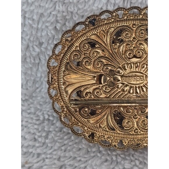 West Germany Hematite Glass Rhinestone and Pearls Gold Filigree Vintage Pendant - Picture 8 of 15